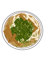 Hand drawn illustration of flat noodles soup with fish ball, chopped green onion and vegetables. Healthy meal portion. Japanese food, Udon noodles soup.