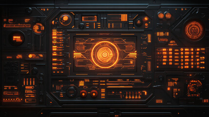 Fototapeta premium A high-tech interface with orange digital circuit patterns and glowing elements that reflect modern innovation.