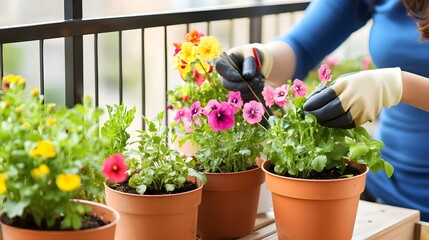 A photo of a young woman planting flowers in pots on her apartment balcony.