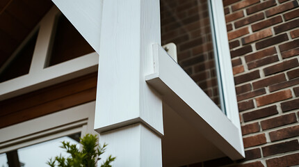 Close-up view of a white exterior building detail.  A white column and overhanging structure are shown against a dark brick wall.  Part of a window and some greenery are visible.