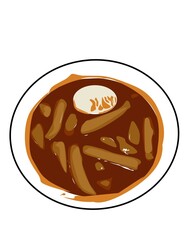 Hand drawn illustration of Tteokbokki, steamed and sliced rice cakes (tteok), cooked with fish cakes (oden) and scallions in a sweet and spicy sauce made of chili paste.