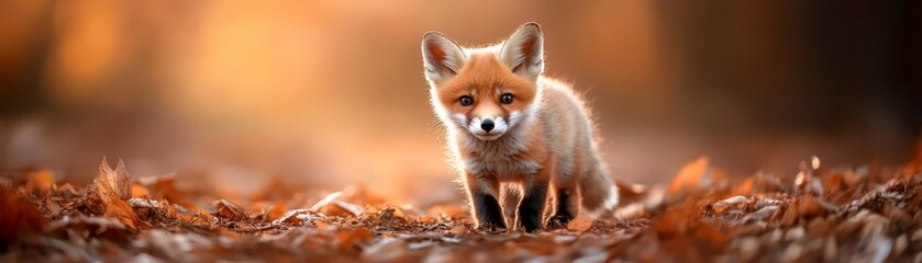A small fox adventuring through field of colorful autumn leaves