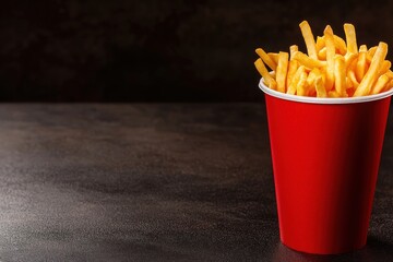 Crispy Golden French Fries in a Red Cup on a Dark Table