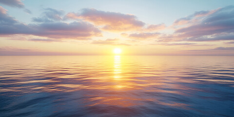 Fototapeta premium Serene Sunset on the Open Sea: A breathtaking panoramic vista of the sun setting over a vast, tranquil ocean, casting a warm glow on the water's surface. The sky is alive with vibrant hues of pink.