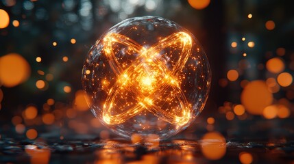 Luminous Atomic Sphere: A Mesmerizing Fusion of Science and Art.  A captivating digital artwork showcasing an energy-filled atom within a glowing sphere, set against a dark, bokeh-filled background.