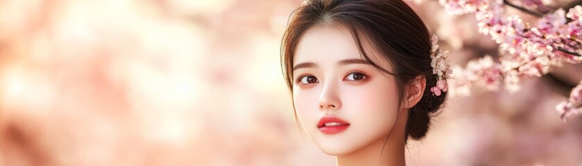 Naklejka premium Woman with pink flower in hair, a naturally beautiful floral portrait