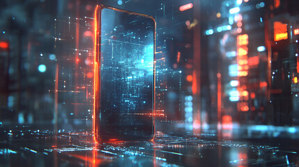Obraz premium Cyberpunk Smartphone: Futuristic Smartphone in a vibrant, neon-drenched cityscape. The phone glows with digital data, showcasing cutting-edge technology and urban dynamism.