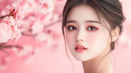 Naklejka premium Closeup portrait of a woman with delicate pink flower blossoms adorning her hair