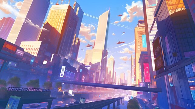 Empty city street lined with skyscrapers under a vibrant sky, symbolizing urban tranquility