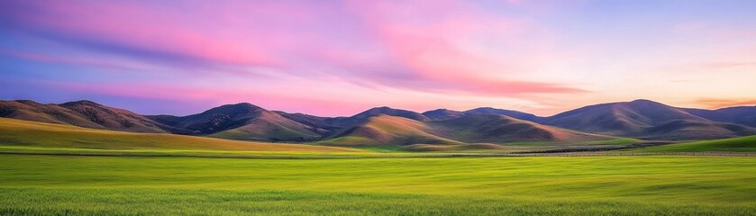 Fototapeta premium Breathtaking vista, expansive field meets majestic mountain range in stunning landscape
