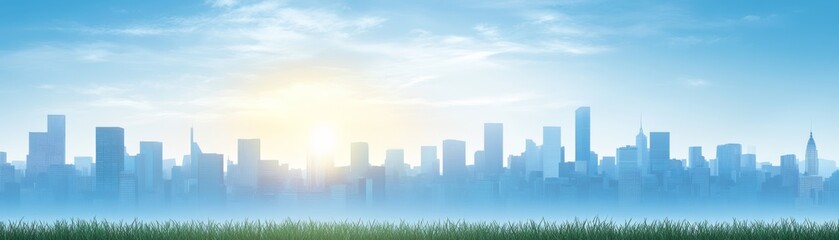 Fototapeta premium Expansive city skyline panorama with vibrant green grass in the foreground urban