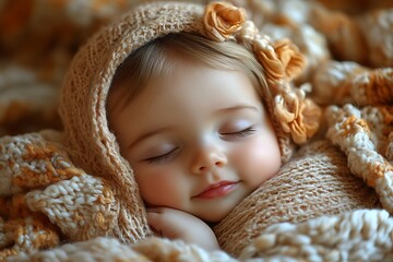 Baby Girl Sleeping Peacefully In Knitted Blanket