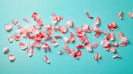 A dynamic shot of cherry blossom petals appearing to float in the air, isolated on a vivid teal background for a lively spring theme