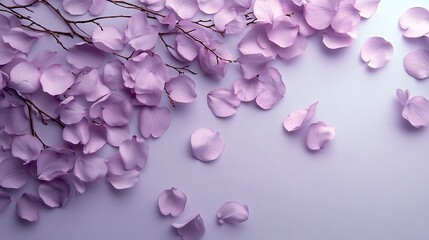Fototapeta premium A flat-lay of cherry blossom petals and small branches spread evenly on a soft lavender background, ideal for elegant branding materials