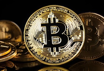 Gold Bitcoin Coins on Black Background