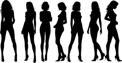 Vector set of silhouette of a woman. Transparent background PNG cutout.