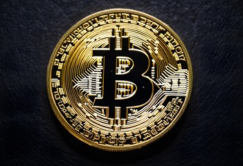 Gold Bitcoin Cryptocurrency Coin on Dark Surface