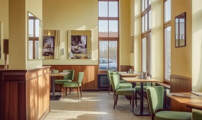 Fototapeta premium Sunny cafe interior with green chairs, wooden tables, and large windows.