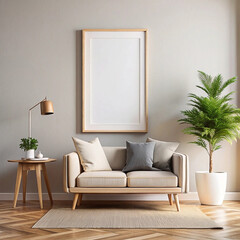 Modern living room mockup, sofa, frame, plant, interior design, advertising