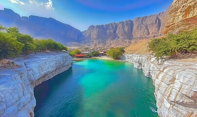 Obraz premium Turquoise Bimmah sinkhole oasis in rocky Oman mountains with clear blue sky.