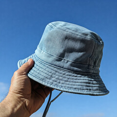 Mockup of man hand holding denim plain bucket hat against sky background