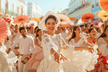  A lively street scene from Carnival in Recife, featuring dancers in colorful costumes performing...