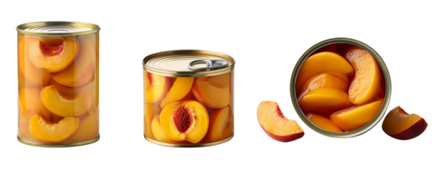 Canned peaches, vibrant slices in various containers, white isolate background