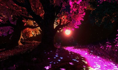 Fototapeta premium Vibrant neon forest with glowing river at night under large moon.
