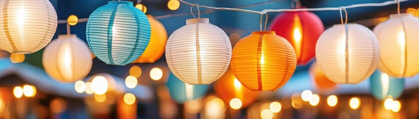 Colorful lanterns hanging in a festive atmosphere, illuminating the night with warm, inviting light.