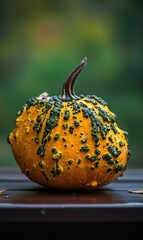 Warty ornamental pumpkin on a wooden table in a garden setting, ideal for autumnal themes.