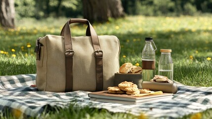 Fototapeta premium A canvas bag on a picnic blanket, holding snacks, books, and a water bottle.