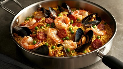 A vibrant seafood paella featuring shrimp, mussels, chorizo, and peas, beautifully arranged in a metallic pan, evoking a rich culinary experience.