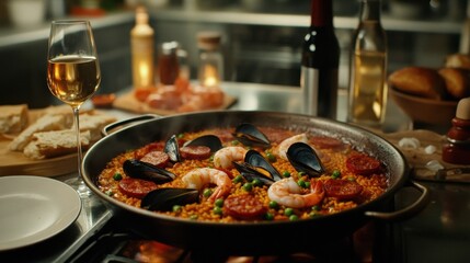 A vibrant seafood paella served in a pan, accompanied by a glass of white wine, set in a warm kitchen atmosphere.
