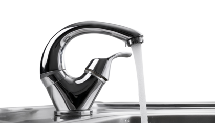 Modern chrome kitchen faucet with running water, white isolate background.
