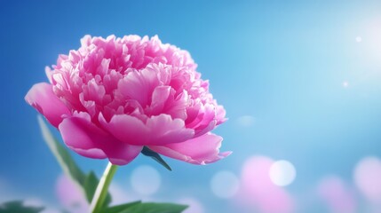 Fototapeta premium Vibrant pink flower in bloom with lush green leaves against a serene blue backdrop