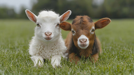 Obraz premium Adorable lamb and calf cuddling in green pasture, idyllic rural scene, perfect for farm animal themed products.