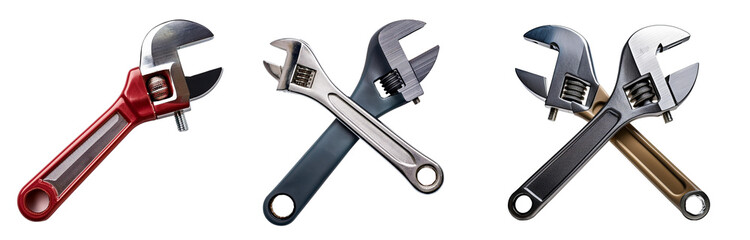 Three adjustable wrenches on a white isolated background.