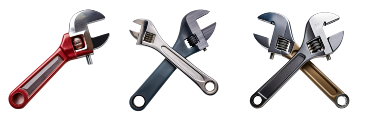 Three adjustable wrenches on a white isolated background.