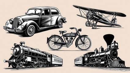 Vintage Transportation Collection Classic Car Airplane Bicycle Steam Trains Black White Illustration