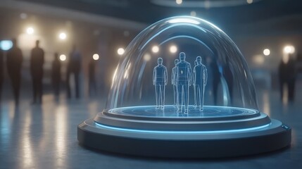 A glass dome encapsulating man and woman, visual commentary on connection, isolation, the human condition