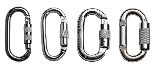 Various metal carabiners isolated on a white background.