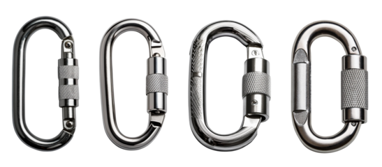 Various metal carabiners isolated on a white background.