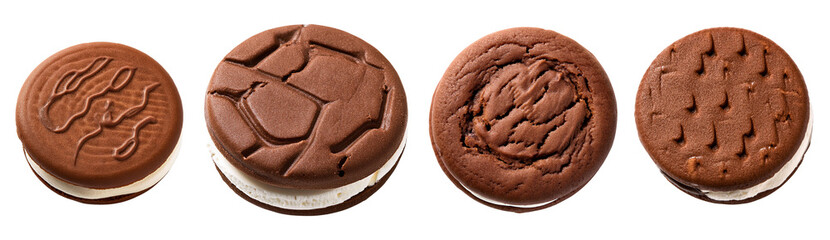 Various chocolate cookies with unique textures on a white isolated background.
