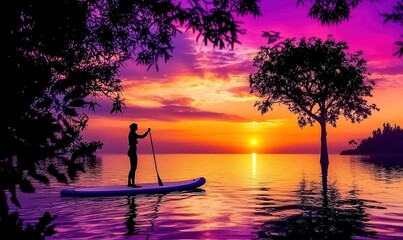 Fototapeta premium Woman paddleboarding at vibrant tropical sunset, silhouetted against colorful sky.