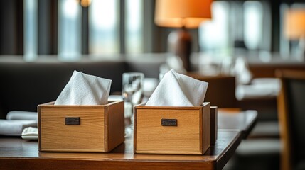 A close-up of beautifully crafted wooden boxes holding cooling towels and tissue paper at a dining table.