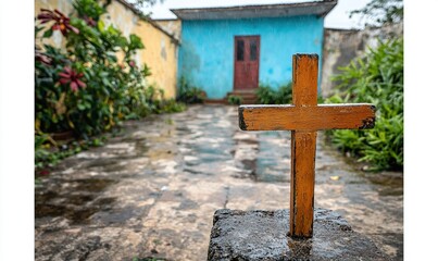 Wooden cross in courtyard garden with colorful building in the background, ideal for spiritual or travel concepts.