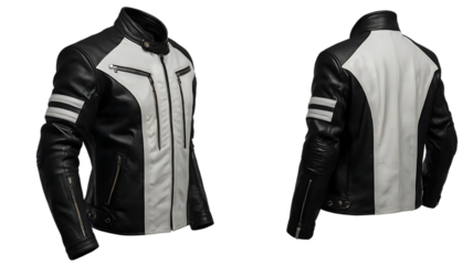 Stylish black leather jacket with modern design and detailed stitching, perfect for casual wear or motorcycle enthusiasts on transparent background