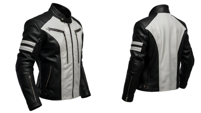 Stylish black leather jacket with modern design and detailed stitching, perfect for casual wear or motorcycle enthusiasts on transparent background