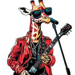 Fototapeta premium Giraffe playing guitar in sunglasses and leather jacket.