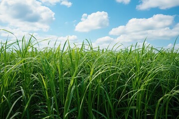 Obraz premium Lush green grass field under a blue sky with fluffy clouds